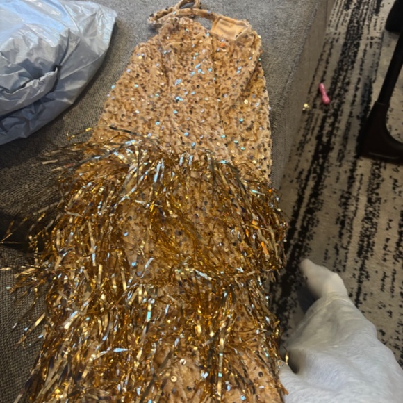 NWT SIZE MED Gold Sequin Showgirl Dress w/ Gold Glitter Rhinestones Tassels NYE - Picture 7 of 7